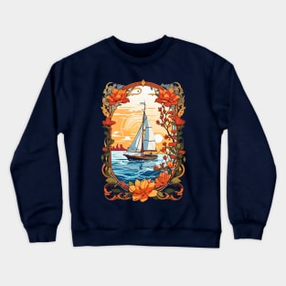 Sailing boat at sunset retro vintage floral design Crewneck Sweatshirt